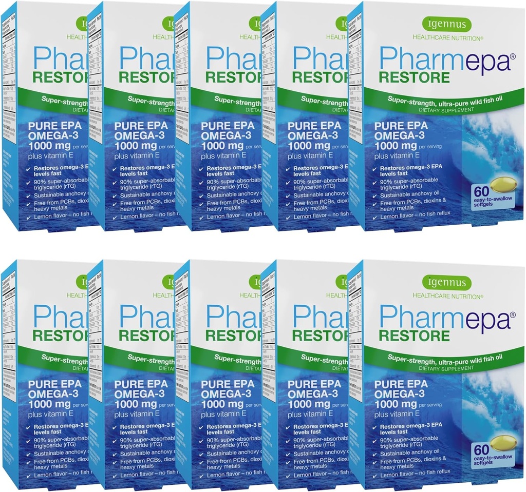 Igennus Pharmepa恢复、纯EPA 1000mg、Omega 3 rTG鱼油、IFOS认证、高吸收率、90%浓度三重强度、野性和可持续性、柠檬火焰、10月供应、包装10