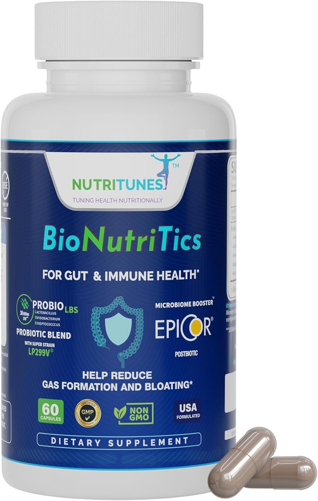 BioNutriTics – ProBio LBS + 后生素 EpiCor® 用于古特健康,偶发气体和布洛廷的免疫支持消化舒适剂 – 60 Capsules