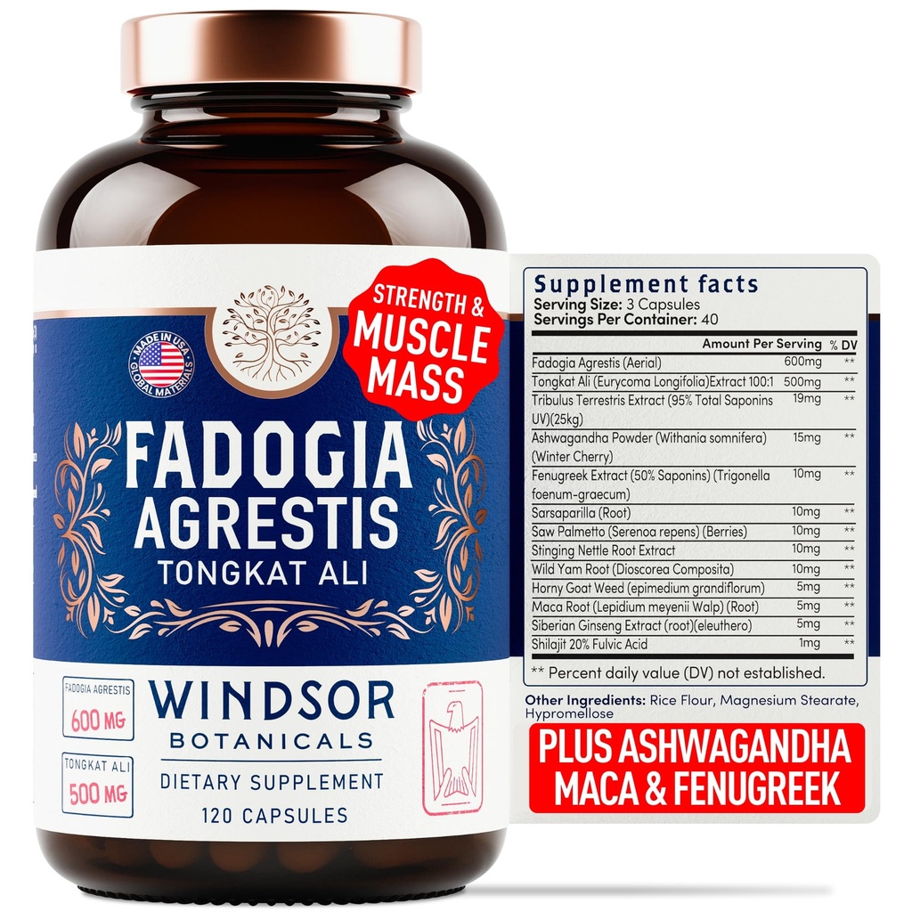 Fadogia Agrestis和Tongkat Ali 补编 - Fadogia Agrestis 600mg,500mg 长条 Tongkat Ali for Men, Maca Root, Fenugreek, Ashwagandha, Saw Palmetto to Support Energy, Stamina, Vitality - 120 Caps