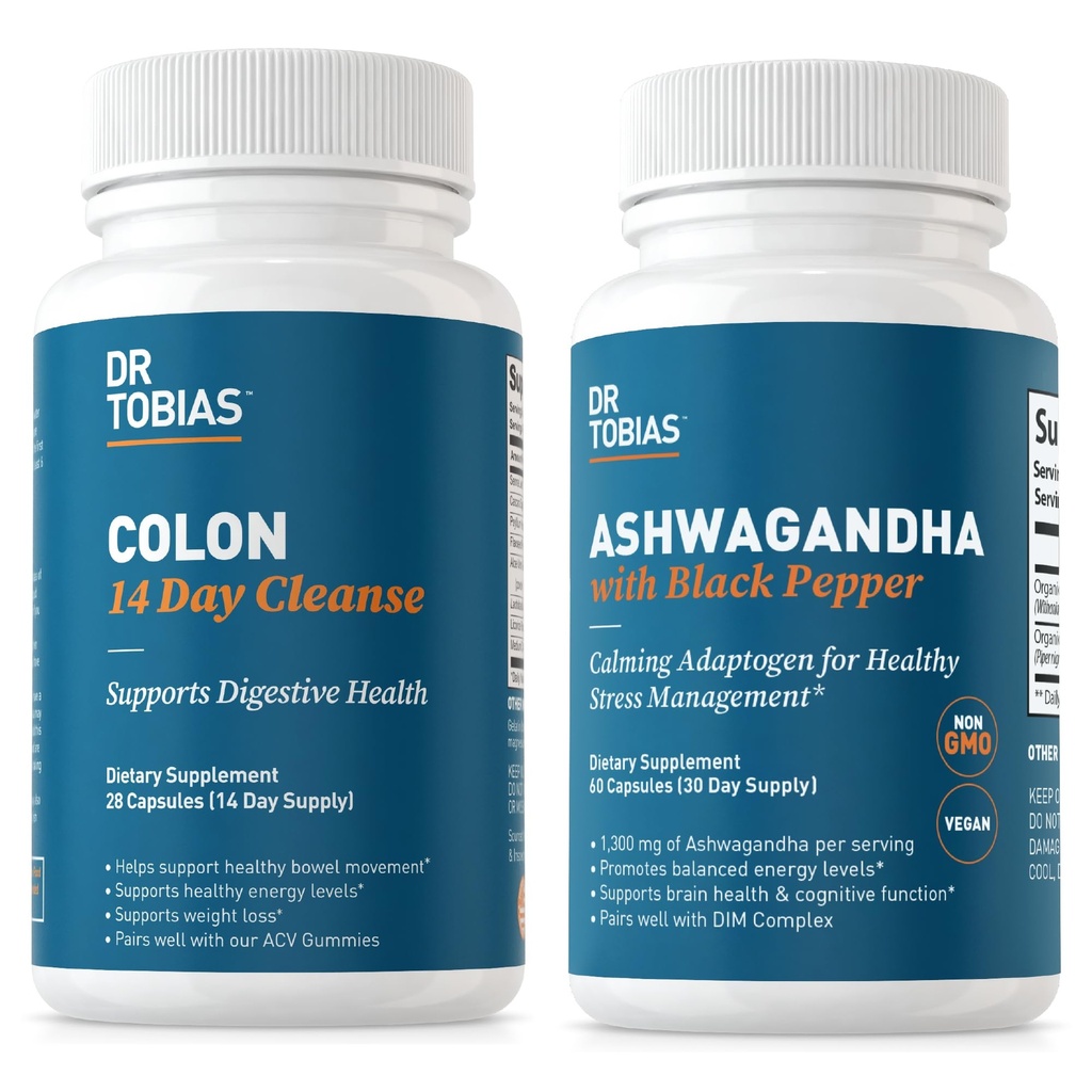Tobias Colon博士 14日清洁剂和Ashwagandha Capsules、Colon Clean Cleanse Detox 和使适应剂平静下来、支持能源和免疫健康,非GMO