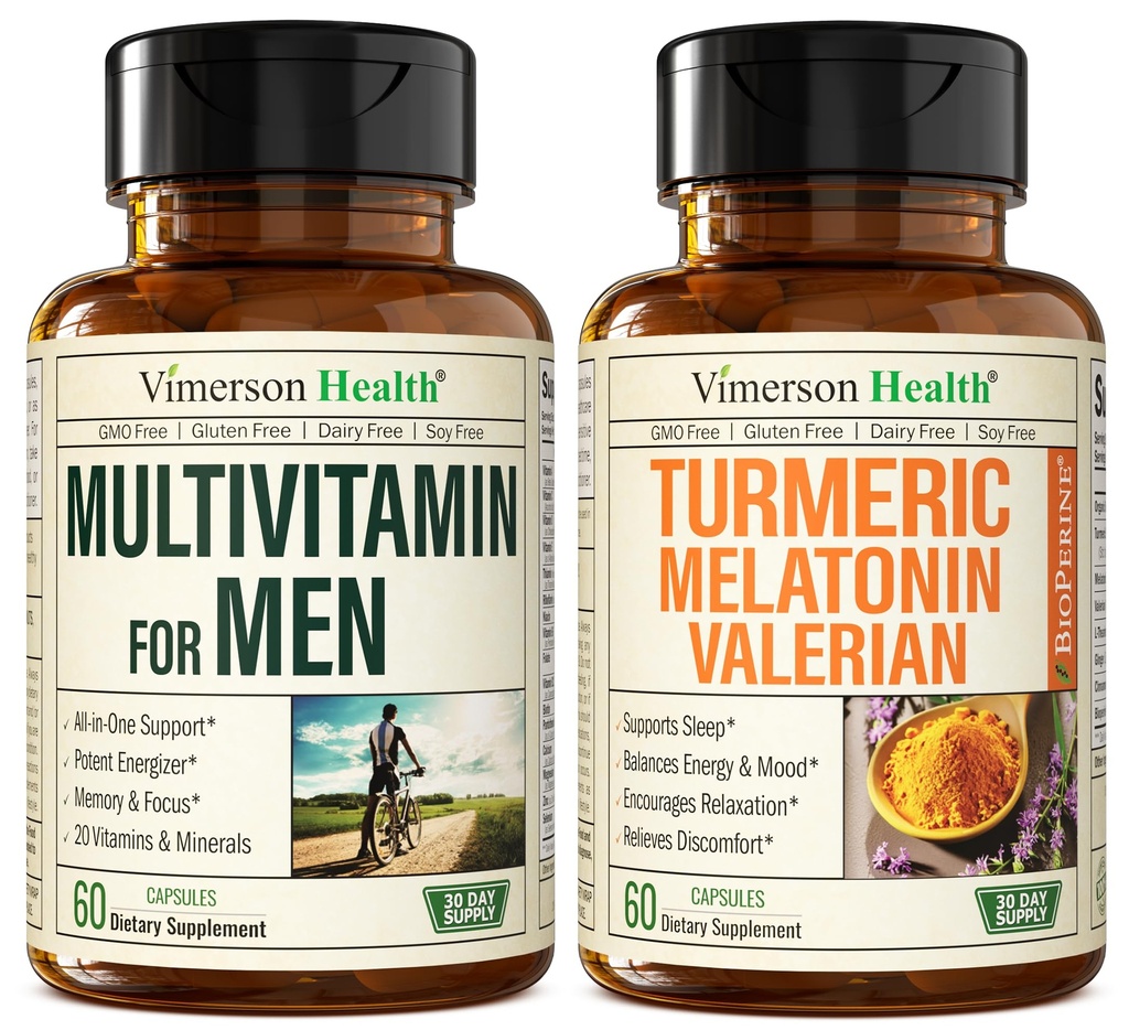 Mens Multivitamins + Turmeric Melatonin Valerian Bundle 联合支助和不适救济、免疫卫生和炎症反应