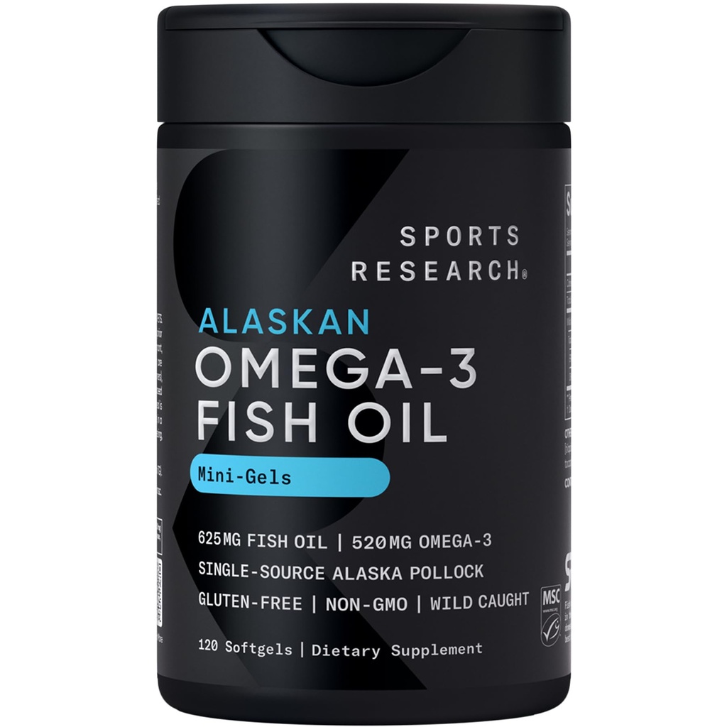 体育研究 鱼油迷你软胶 - 易吞Omega-3 来自野生捕捉阿拉斯加的脂肪酸 - 625mg,120 Softgel