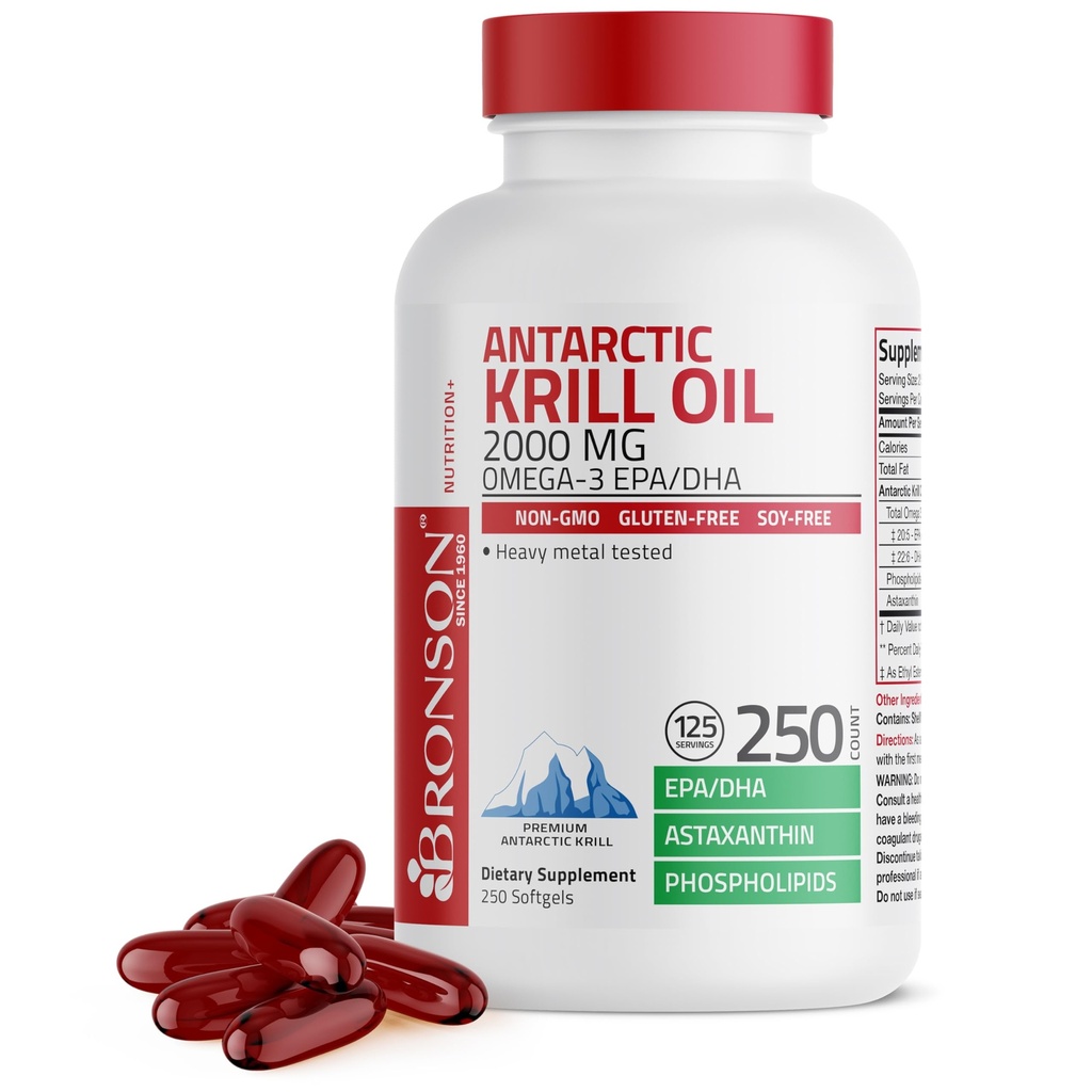 与Omega-3s环保局、DHA、Astaxanthin和磷脂公司合作的Bronson Antario Krill Oil 2000 mg,250 Softgels(125架)