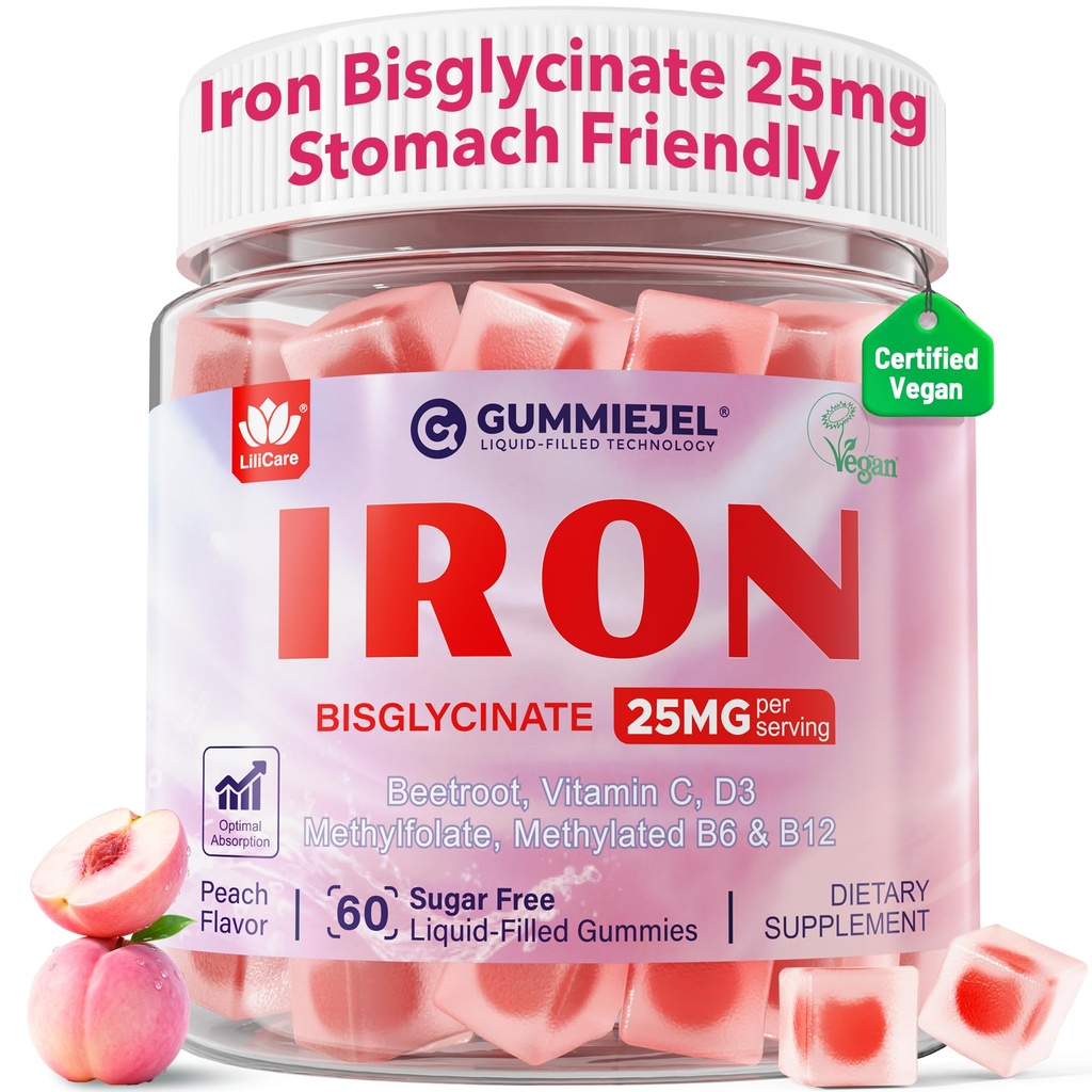 女子维干铁增产品25mg,无糖铁胶带维生素C,Methy B12,Folate for Energy Boost,铁的缺乏性,无后味,Peach Flavor - 60 Counter (Pack of 2).