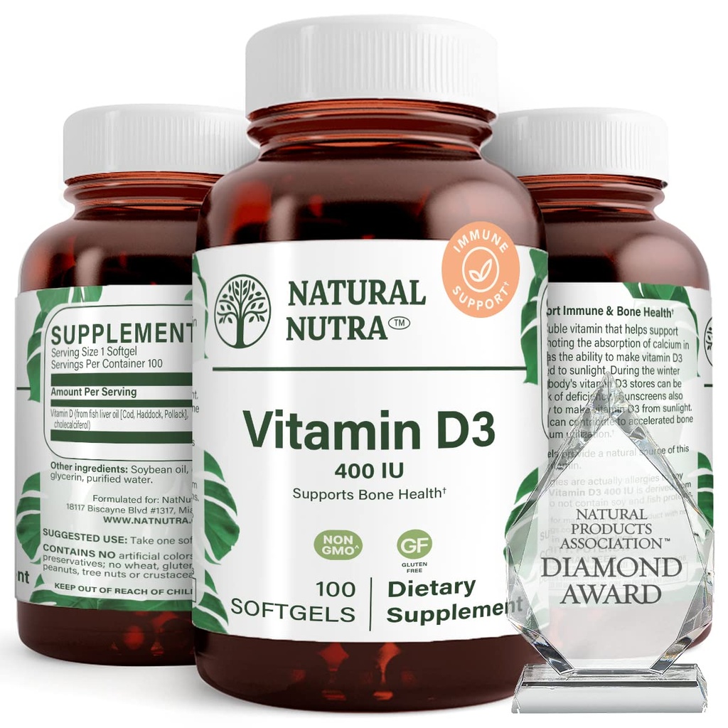 Natural Nutra Supreme Vitamin D3 400 IU Softgels, Helps boost Immune, 支持肺部健康,阳光维他命, 帮助改善心血管健康, 骨骼和牙齿强力, Gluten-Free, 100 Softgels
