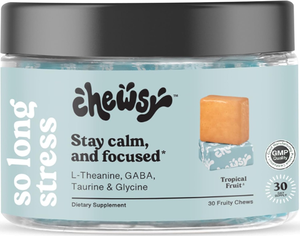 Chewsy So Long pression, calm 水果 Chews, 保持冷静和专注. w/L-Thenine,氨基酸,GABA,Glycine,Tyrosine,Taurine & 镁. 非GMO和Gluten-Free. 热带水果蔬菜,30天供应