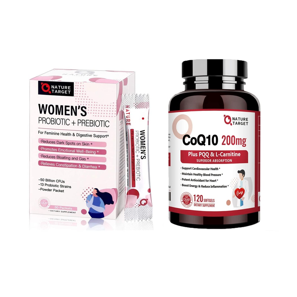 NATURE TARGET 配有 PQQ L-Carnitine 和 Omega-3s 的高吸收率的 " 妇女和CoQ10-200mg " 配药粉补充剂