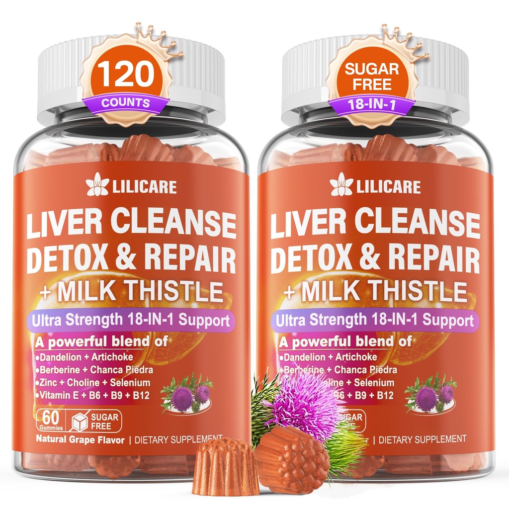 牛奶 牛肝 Detox Gummys, 18-IN-1 Liver Cleanse Detox & 修理 配有柏柏林, 奇科里根, 涡轮, Artichoke, Dandelion Root, 香卡·皮德拉, 维生素 B6 B12-Sugar Free, Pack of 2