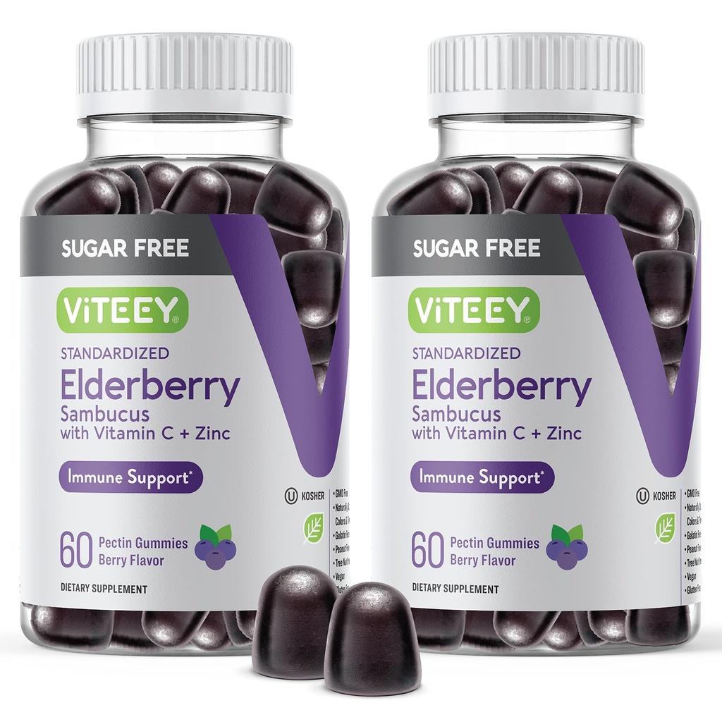 VITEEY Sambucus Melderberry Gummys for Adules & Teens + Zinc & Vitamin C - 无糖 - 免疫支持和助药草药补充剂 - Vegan, Gluten Free, Gelatin Free, GMO Free, Chewwable Berry Flavored (英语).