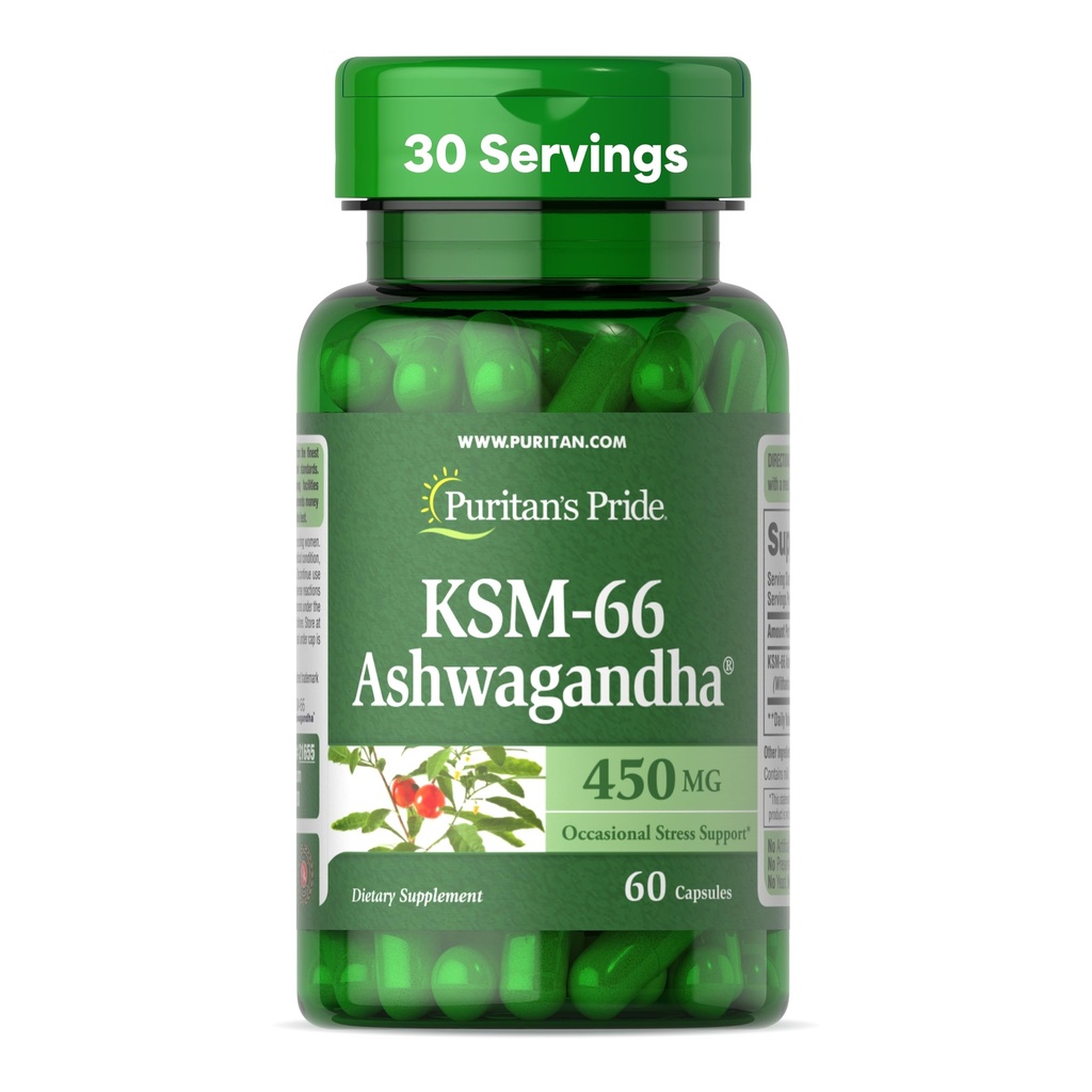 清教徒的骄傲KSM-66 Ashwagandha 450mg, 高度集中的缓解压力、增强精神和记忆支助的饮食补充,1个月供应,60卡普勒