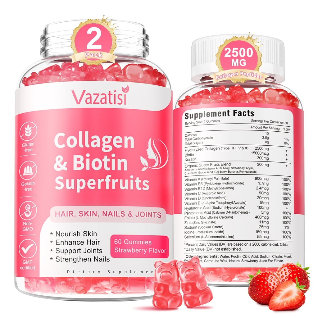 2 Pack Sugar Free Collagen Gummys for Men Men, Multi Collagen Peptides Gummys I II III V X 配Biotin维生素A B C D E 配发皮钉,草莓火焰,120 Counter
