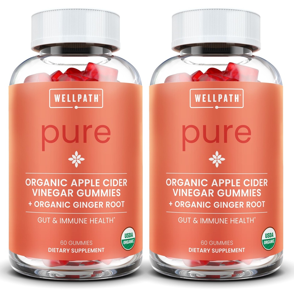 WellPath Pure ACV Gummys (2 Pack) - 苹果苹果苹果苹果醋和妈妈 - USDA 有机糖和姜汁用于Gut Health QQ Vegan, Non-GMO, 120 Ct