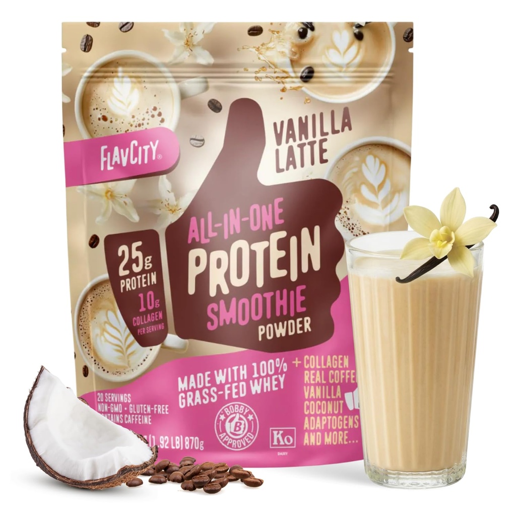 FlavCity Grass Fed Whey蛋白粉 - Vanilla Latte - 25g 蛋白质,10g Collagen & 60mg of Cafeine - 用真正的香草豆和有机椰子制成 - Gluten Free & no Added Sugars (20 series)