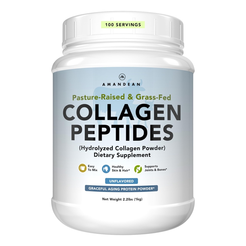 AMANDEAN Collagen Peptides Powder 1kg. 草药,酶水解,类型1和3. 凝聚,易与混音,无味,非GMO. 蛋白质加18个氨基酸,用于健康皮肤,头发,钉子.