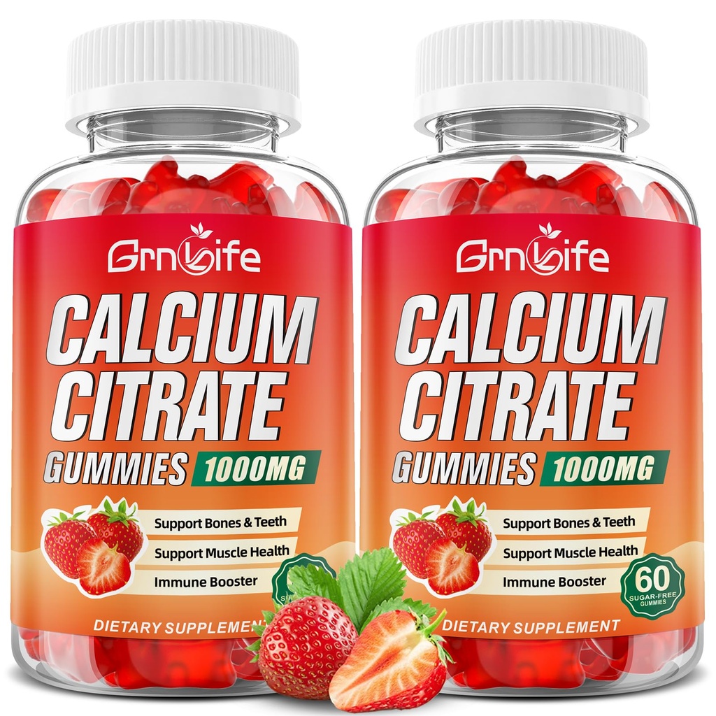 2 Pack Calcium Citrate Gummys,无糖钙 Citrate 1000mg for Muscle Health, 成人和孩子们的吸收钙补充物,草莓, 120 count