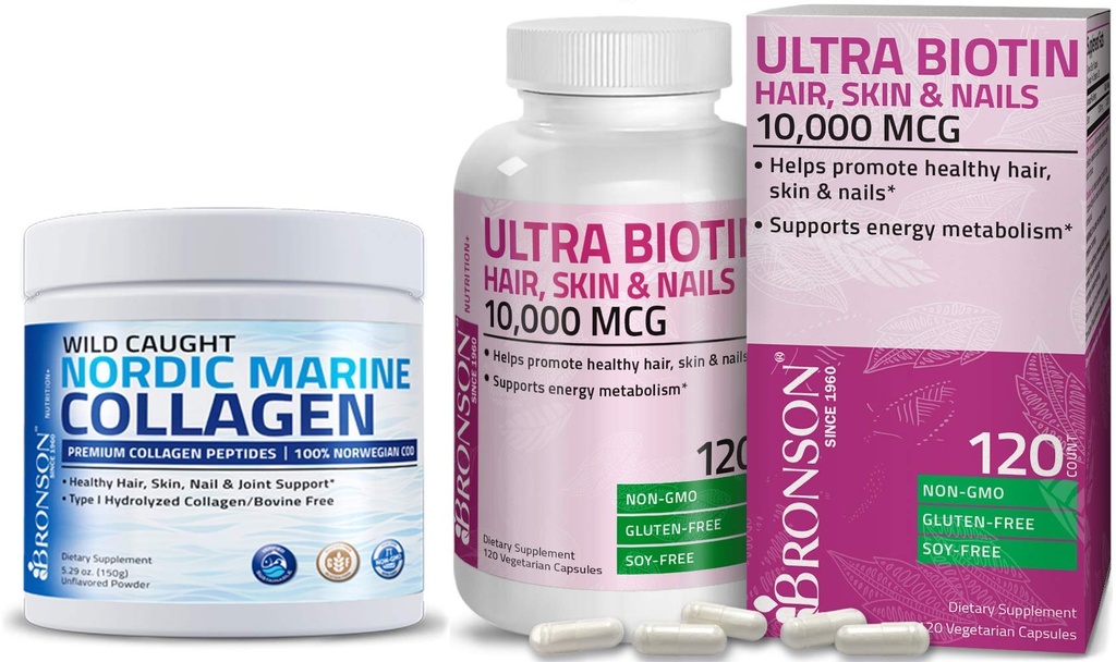 Bronson Marine Collagen Peptides 水解蛋白粉 + 超生物素 10,000 麦格毛皮和钉子补充剂