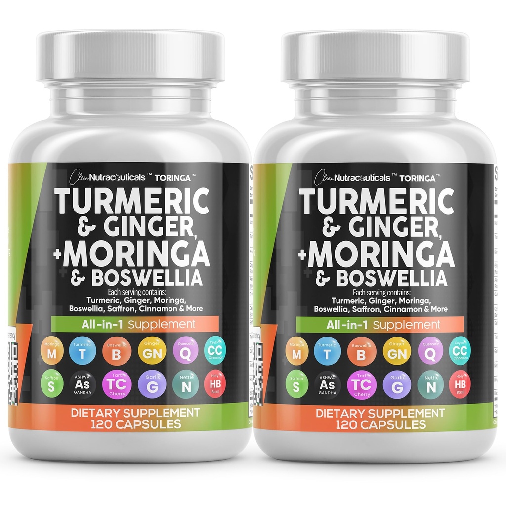Turmeric Moringa Supplement QQ 姜·博斯韦莉娅·沙芙蓉 - 锡兰桂花,塔特樱桃,奎西丁大蒜 Nettle 圣巴西尔的男女补编 - 2Pack