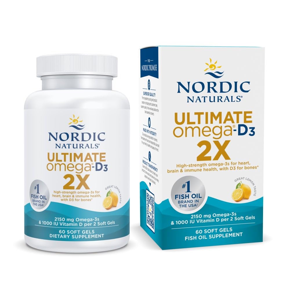 北欧自然体 终极Omega 2X 配有维生素D3,柠檬Flavor - 60 Soft Gels - 2150 mg Omega-3 + 1000 IU D3 - EPA & DHA - 大脑,心脏,和免疫健康 - 30 服务