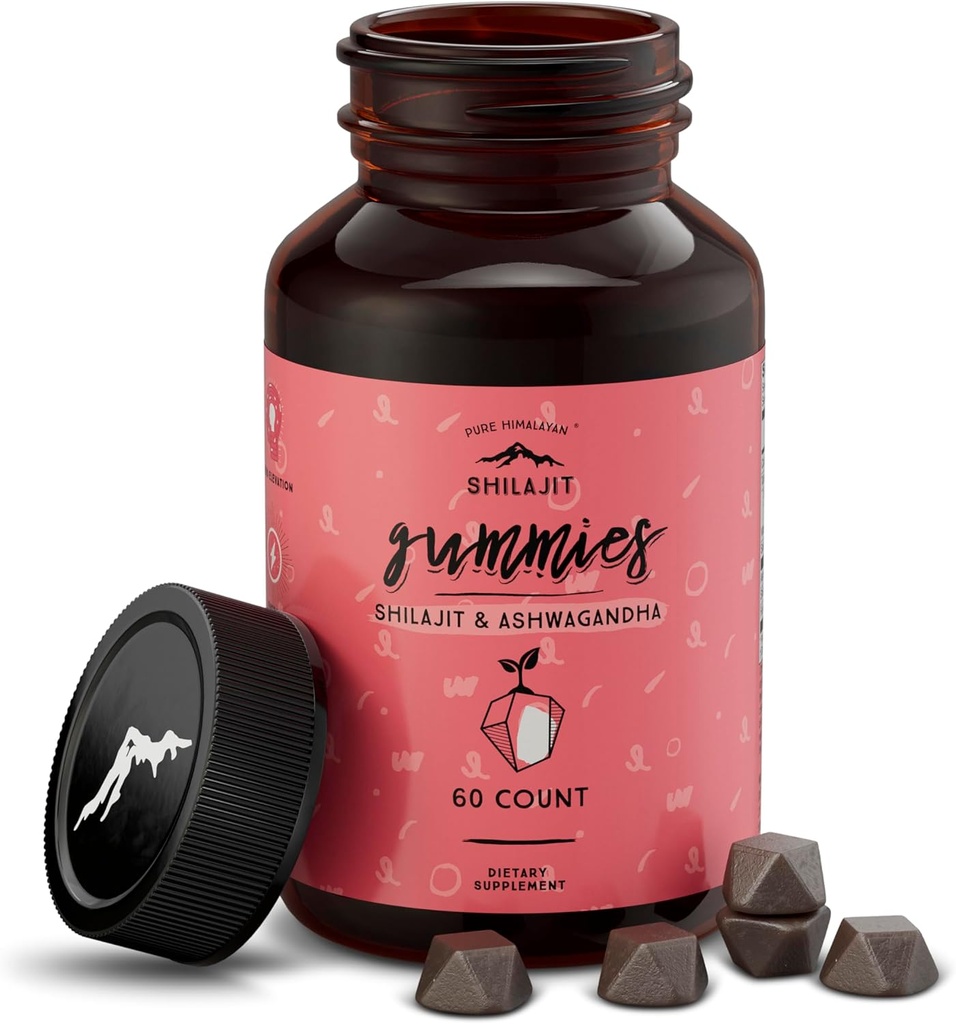 纯喜马拉雅Shilajit Gummys,无糖,85+ Trace Minerals & Fulvic Acid for Energy,代谢和免疫支持,Shilajit for Men and Women, Ashwaghanda Gummys(60个伯爵)