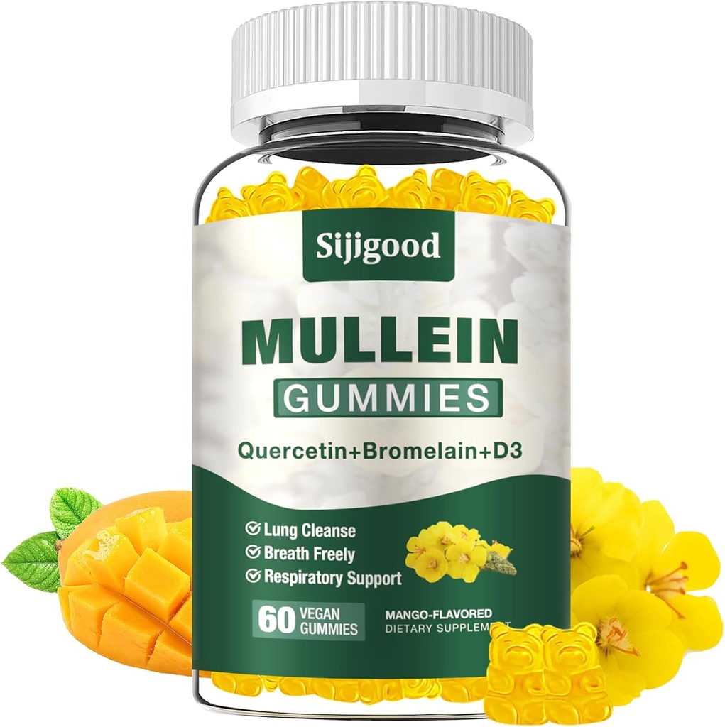 Mullein Gummys for Lungs, Mullein Leaf 提取补充 消化与呼吸和免疫支持 Bromelain, Quercetin, Mango Flavor, 60 Counter