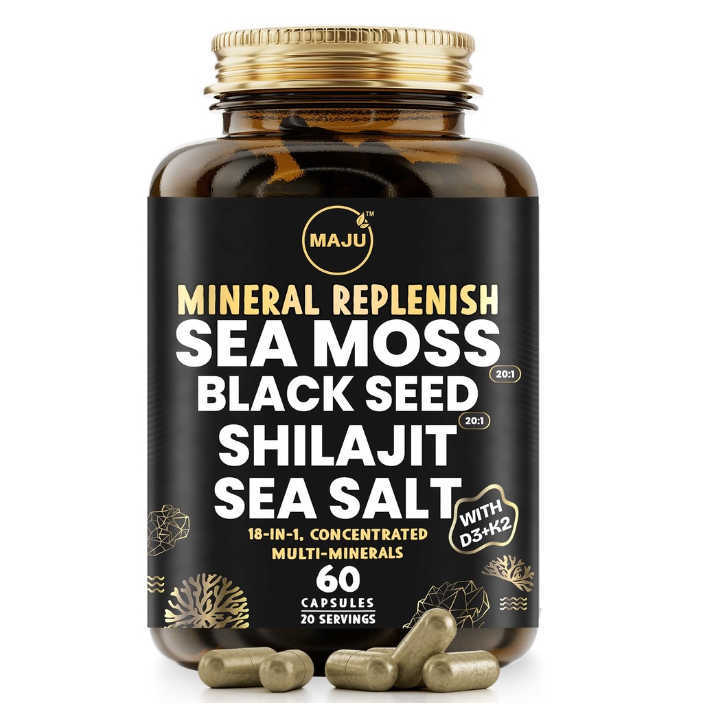 Maju超级食品 18-in-1 Sea Moss, 黑种子, Shilajit, 海盐 + D3 & K2, 集中提取, 追踪多矿物盖, 供男女矿物电解质补充
