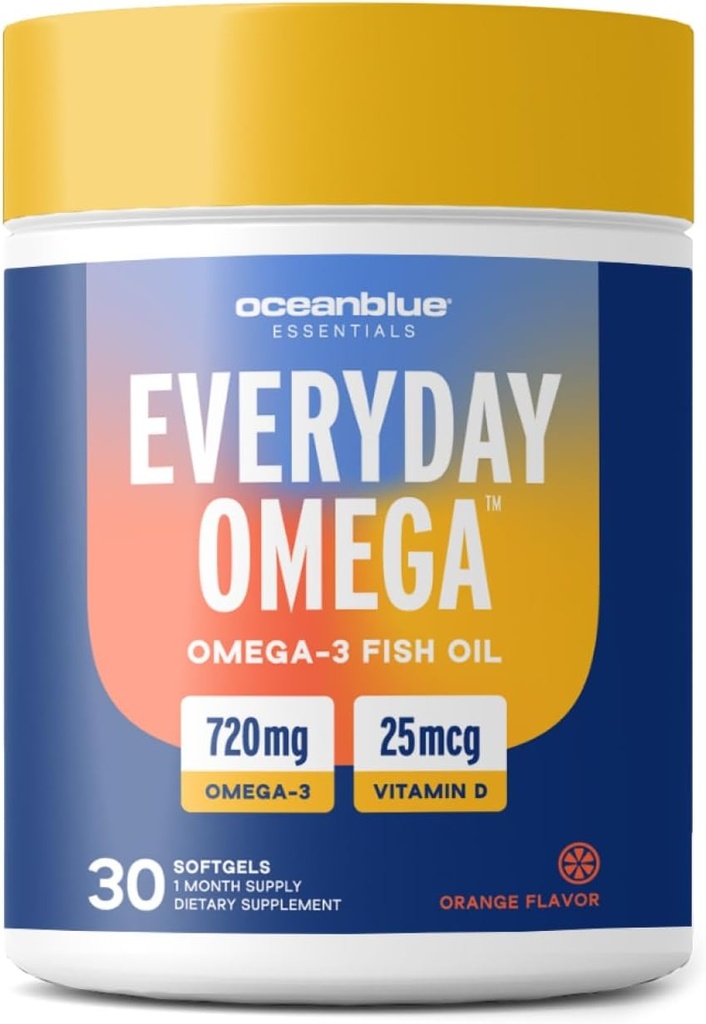海洋蓝奥米加3号女性补充品 Burpless Fish Oil 720mg 配有维生素D3 | 心脏免疫支持,分子抖动橙色Flavor(一天30个一) Omega.
