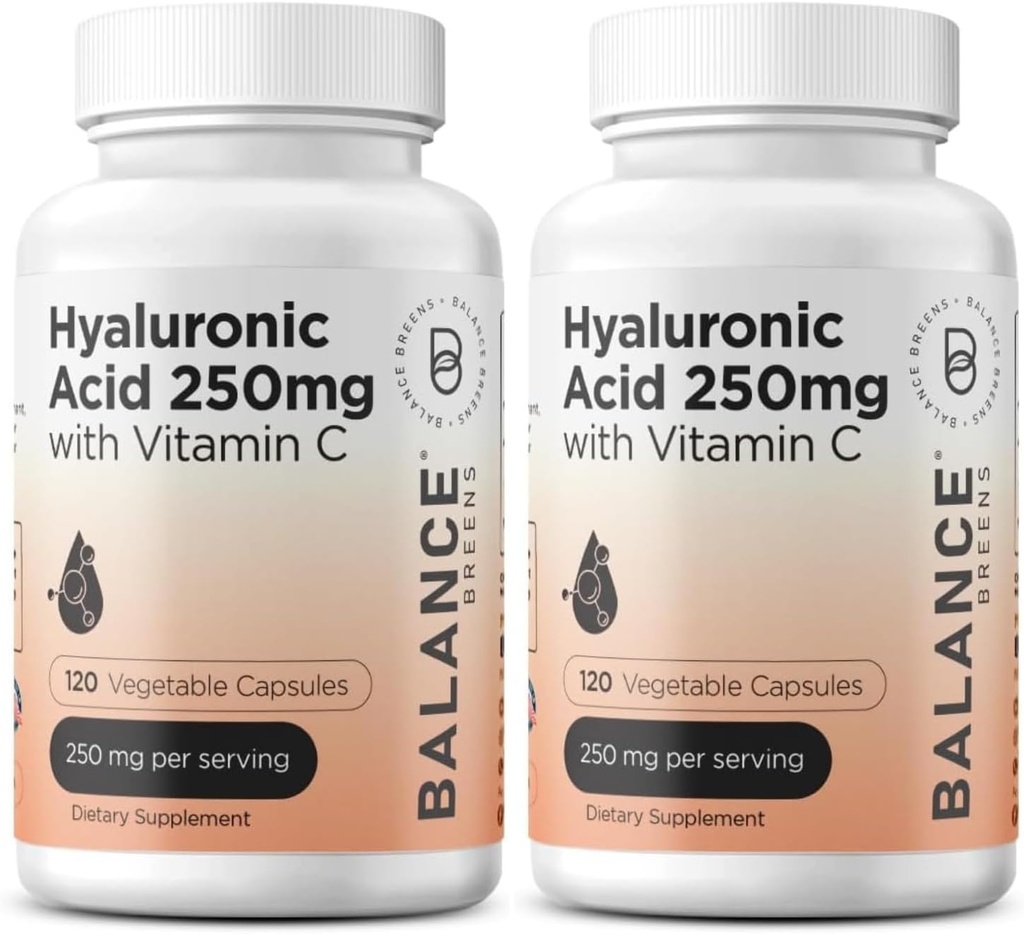 纯Hyaluronic酸补充物250mg,配有维生素C 50mg,120 Vegan Capsules - 自然毛、毛、钉、骨和联合健康公式的皮肤水分