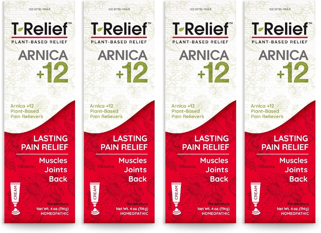 T-Relief Arnica+12 Cream Natural Relieving Actives for Back Pain Jone Sore Suncle Aches & Stiffness, 全身快速女性和男性代理救济 - 4 oz(4 包)