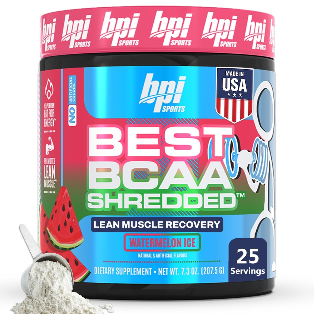 BPI 体育最佳BCAA Shred - 咖啡因免费热能恢复饮料,Lean Muscle 建筑 BCAA 男女粉,预研 BCAAs 氨基酸 饮料 - 西瓜 ICE - 25种服务