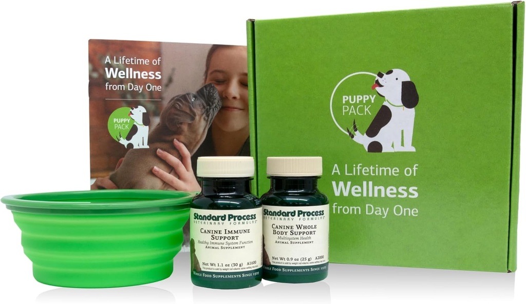 标准流程 Puppy Pack - 警犬Immune & All-Body 支持粉末补充 - 配有警犬全体支持和警犬Immune系统支持的Puppy支持工具包 - 包括折叠水碗