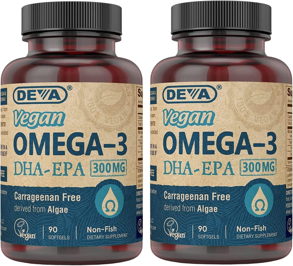 DEVA VGAn DHA-EPA 营养补充品,非鱼类从藻类中衍生,300毫克可能性,90个蔬菜软胶 - 包2