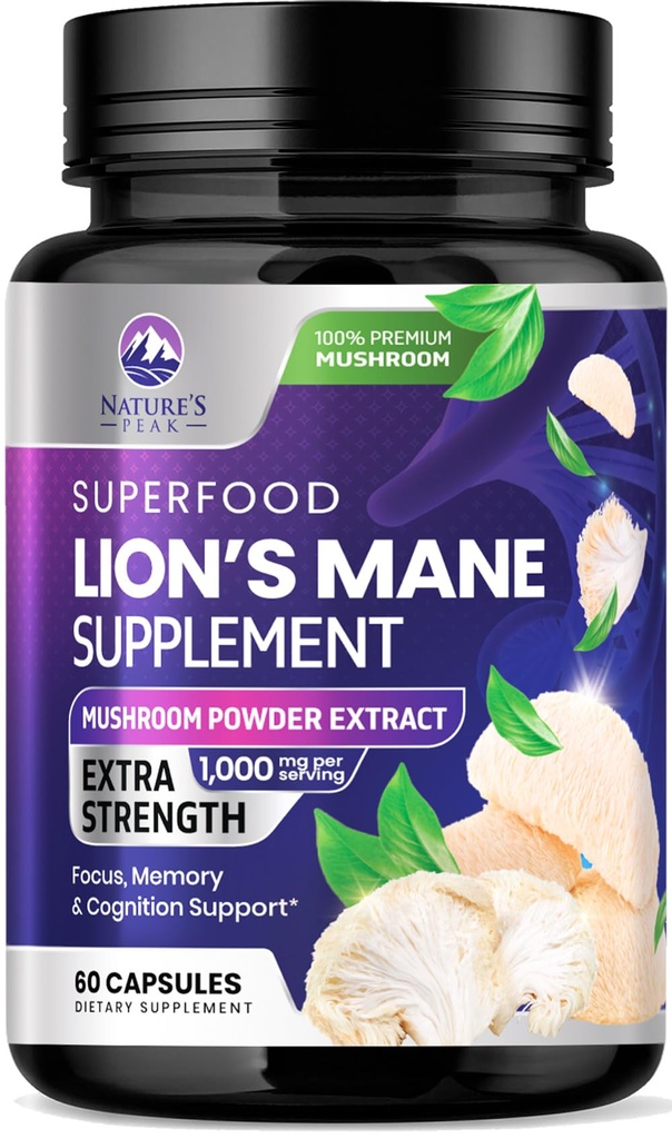 Lions Mane Mushroom Capsules 10,000mg - 狮子的 Mane 补充 Capsules 用于记忆和焦点支持,大脑,免疫健康支持,维冈,美国Bottled, Lions Mane Mushroom Powder Extract, 60 Counter