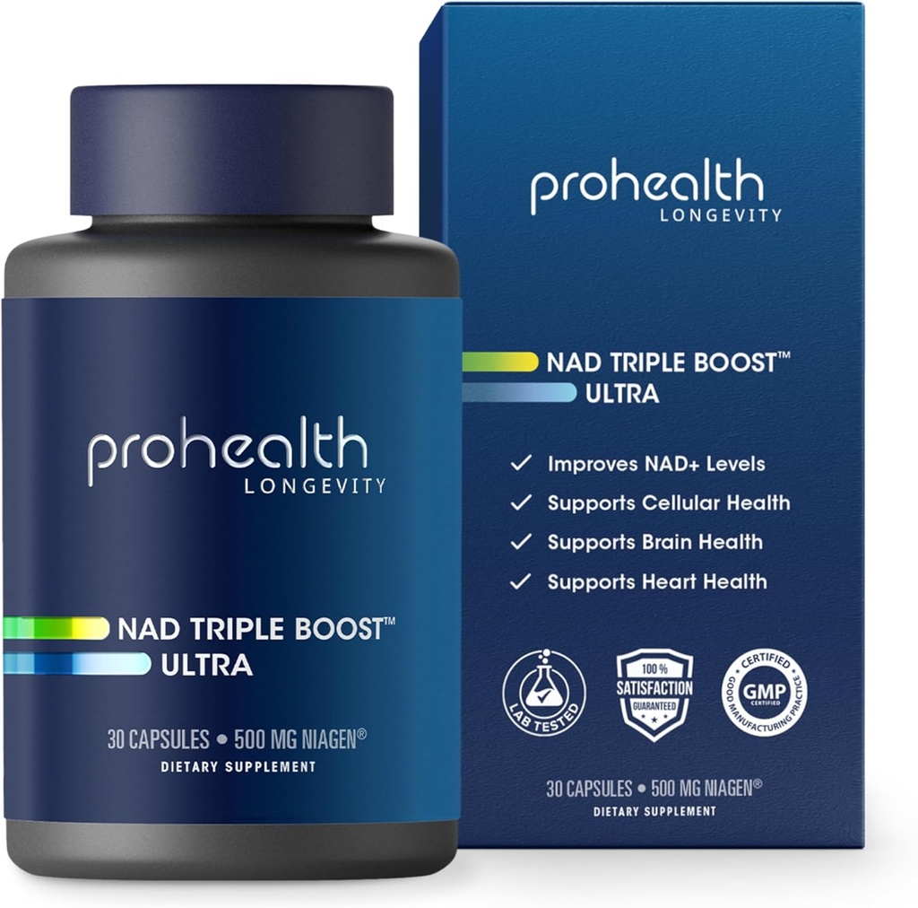 ProHealth NAD 三重杆Ultra + 500 mg Niagen NR. 3X NAD+ 优化器 Plus Apigenin, PQQ, Quercetin. 促进长寿、心脏和大脑健康,激活Sirtuins用于细胞修复(30次服务)