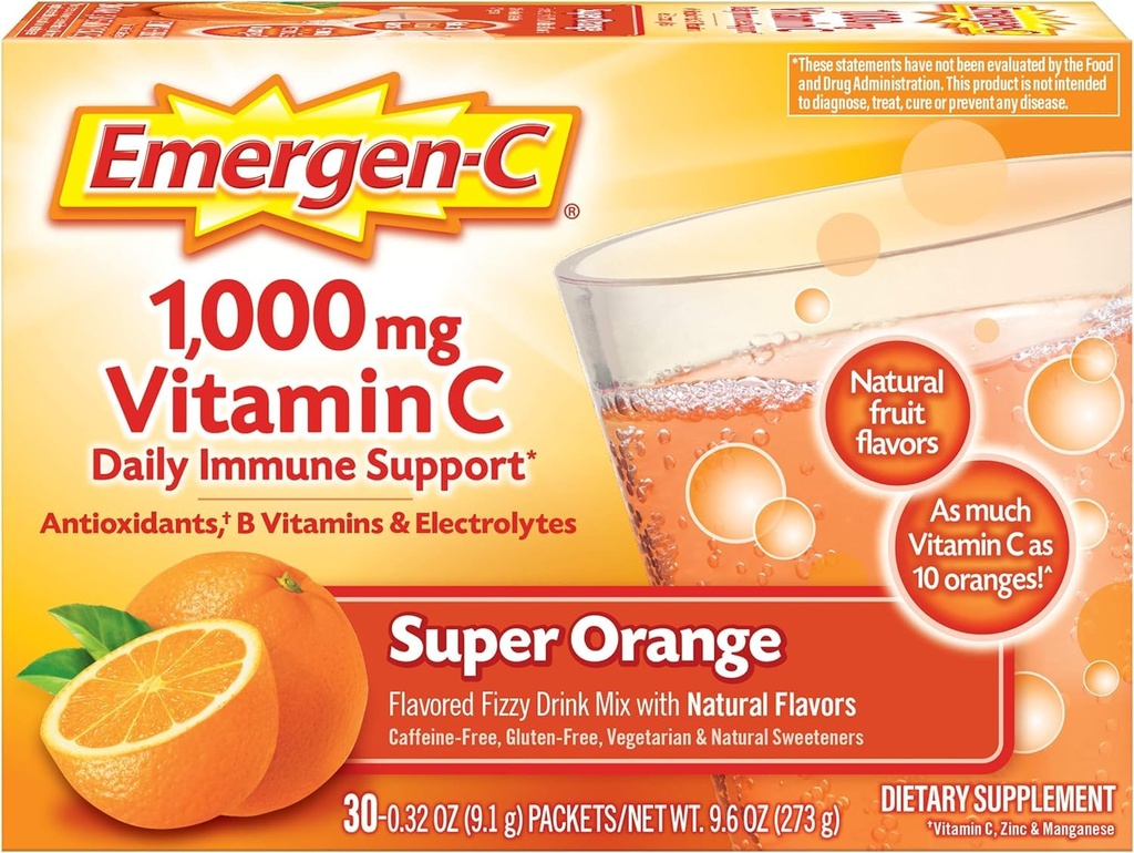 Emergen-C 1000mg 维他命 C 粉 日用 Immune 支持咖啡因 免费维他命 C 配有 Zinc 和 Manganese, Super Orange Flavor - 30 Counter
