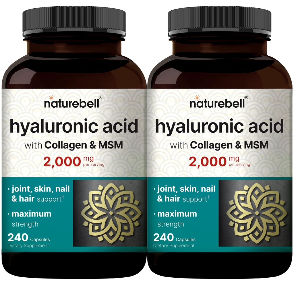 NatureBell 2 Pack Hyaluronic Acid 补充2000 mg QQ 480 总卡普尔,配有MSM和Hydrlyed Bovine Colagen — 1中的3个支持皮肤水分、联合润滑剂、头发和眼部健康