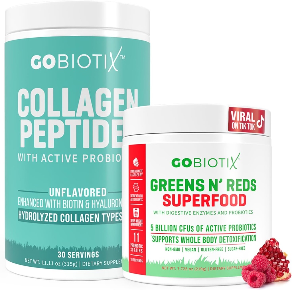 GOBIOTIX 超级绿地与柯拉根套装 - 与有机螺旋藻和头发-皮肤-奈尔斯支持的维生促进器 - 每架30架