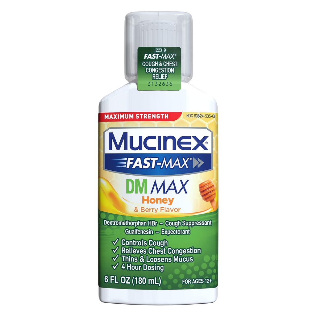 Mucinex Fast-Max 最大强度 DM MAX, 症状缓解, 咳嗽抑制剂和预期剂, Honey & Berry Flavor, 6 FL OZ