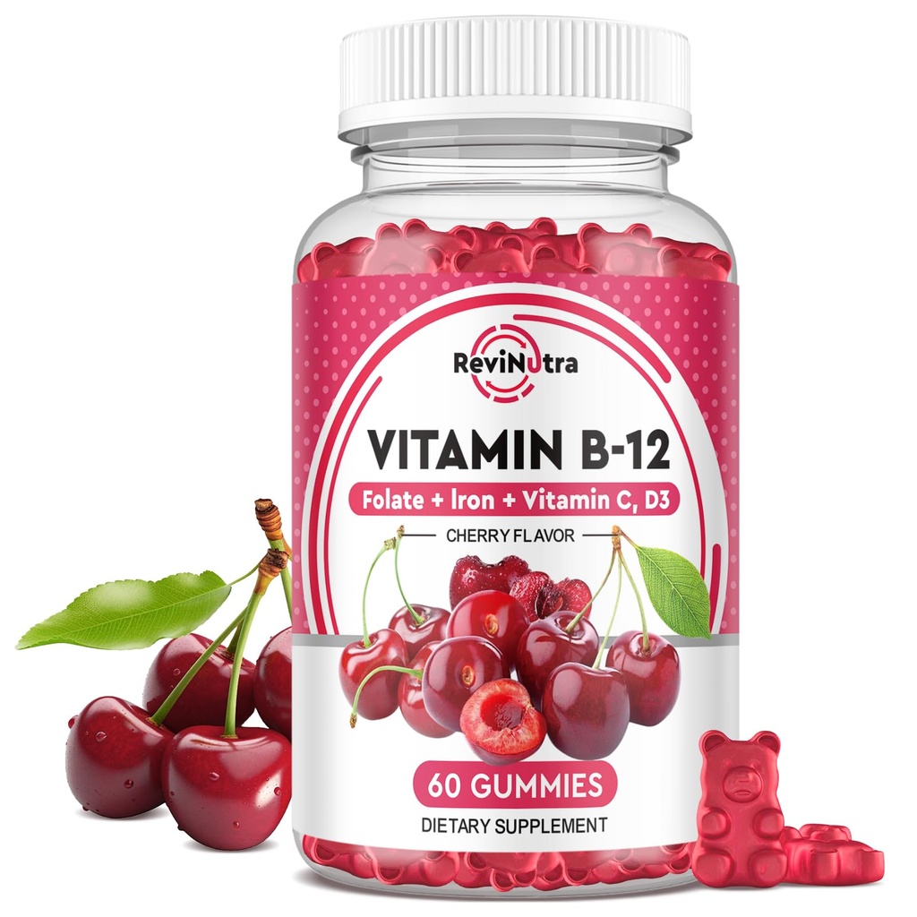 维生素B12 Gummys -- -- 含铁、维生素C、D3 & Folate、能源支持和代谢、Immune、B-12 复杂的男女厨具补充剂 -- -- Vegan -- 60