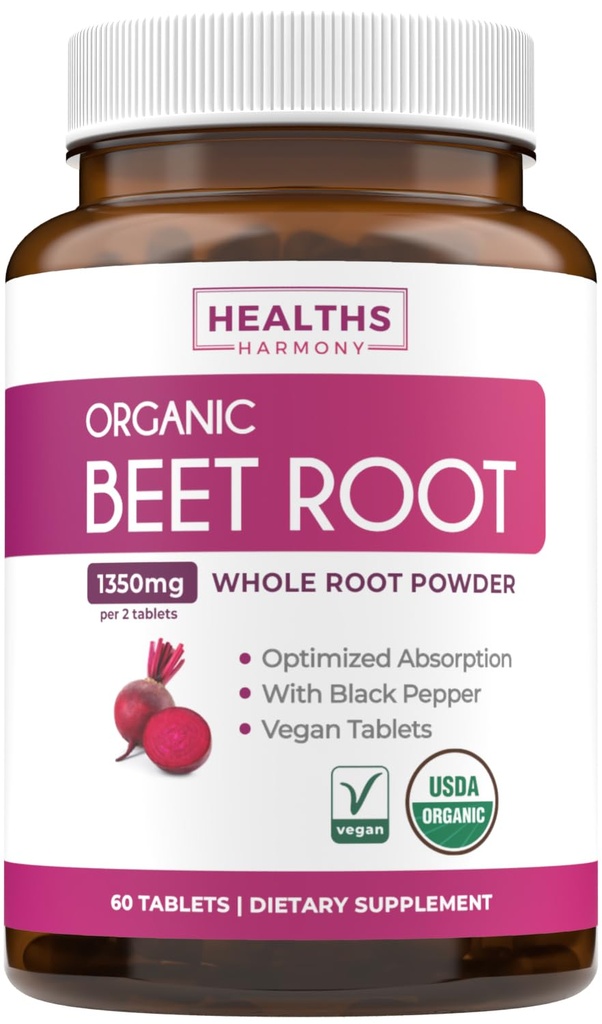 USDA 有机甜菜根粉(60片) 1350mg Beets Per 与黑胡椒一起供额外吸收-超抗氧化剂和硝酸盐补充剂,用于运动性能和Stamina- No Capsules