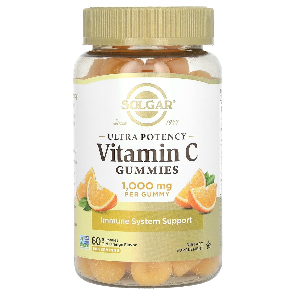 Solgar Vitamin C Gummys for addors 1 000mg 超强概率维生素C 免疫系统支持女性和男性 - Tast Tart Orange Flavor, Vegan & Gluten - Free Gummy, 2个月供应,60人服务,2g糖