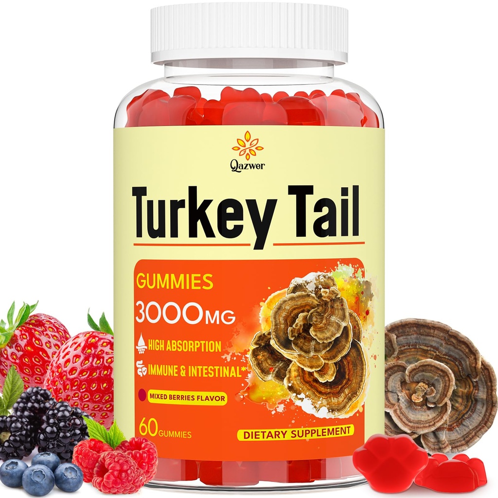 土耳其Tail蘑菇 土耳其Tail(100%水果加工机体,40%Beta Glucans) 加黑辣椒,蘑菇Gummys for Gut, Energy, Brain & Immune Support, Mixed Berryies Flavor QQ Vegan, Non-GMO, 60ct