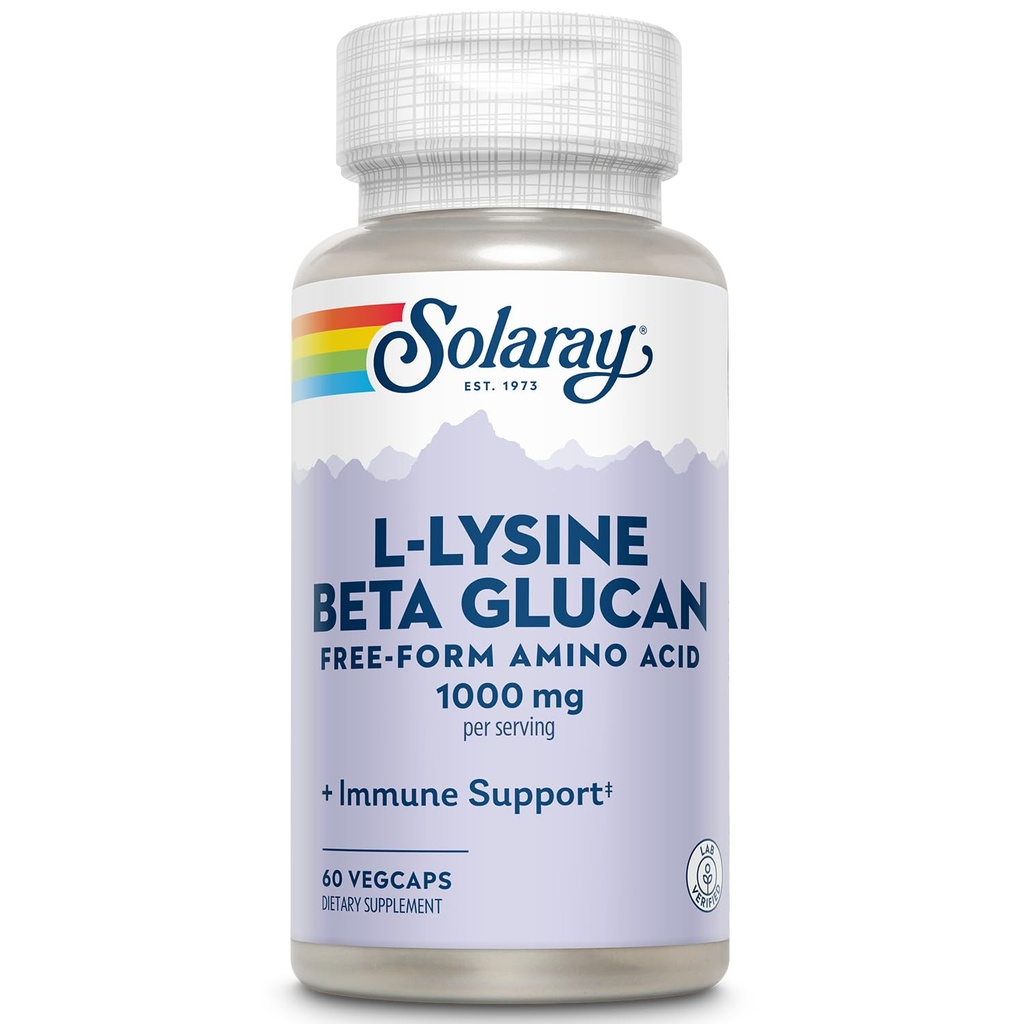 SOLARAY L-Lysine与Beta Glucan,自由形态氨酸,L-Lysine 1000mg Capsules,Immune支持补充,健康皮肤和唇部支持,60天保障,实验室验证,30次服务,60次Veg Caps