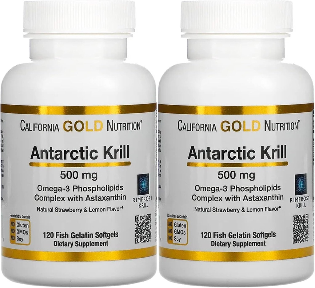 加利福尼亚金营养 南极磷虾油,Ultra-High Omega-3与Astaxanthin,天然草莓和柠檬火焰,非转基因生物,Gluten Free,500 mg,120 Fish Gelatin Softgels, 2 Pack