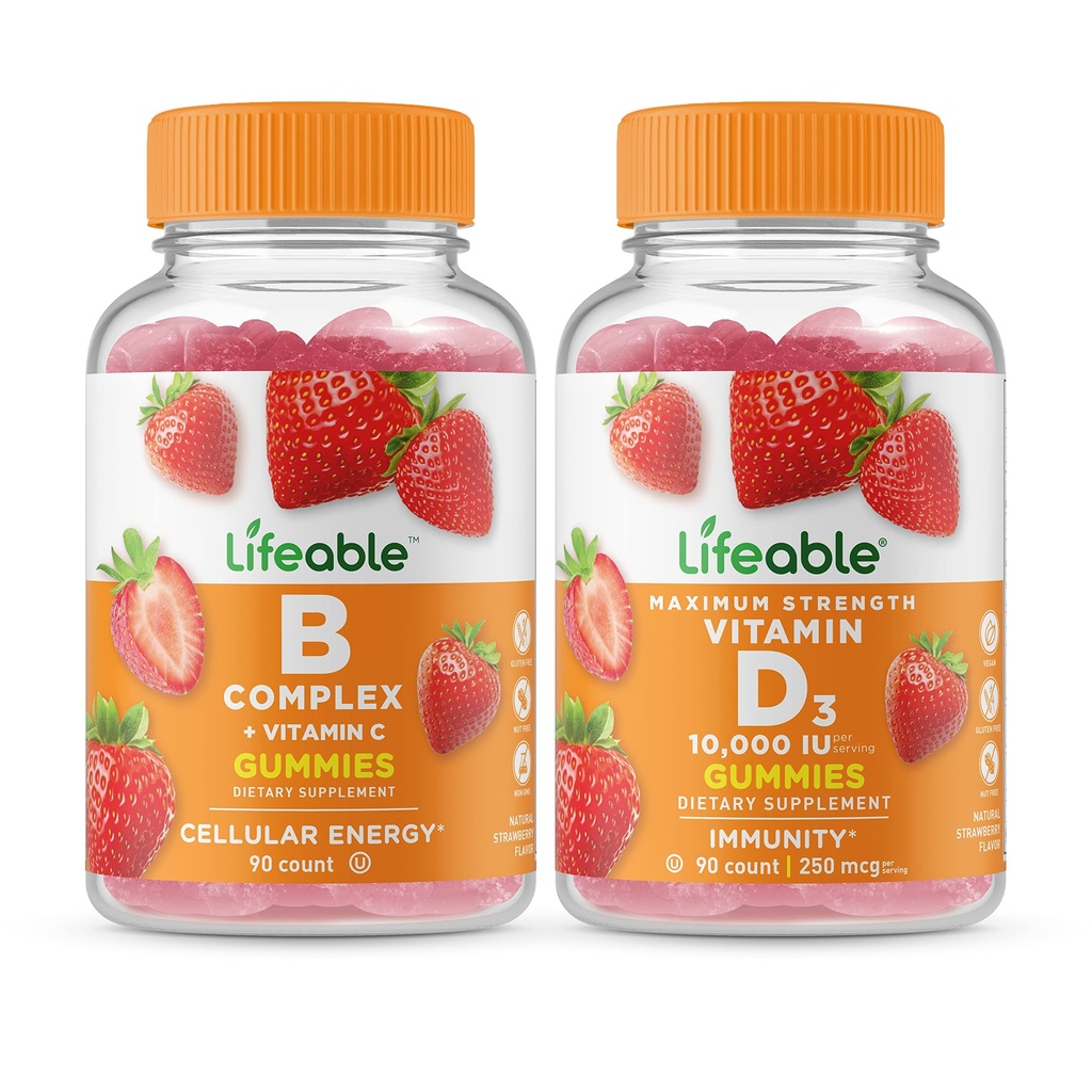 B 复合体 + 维生素 D 10000 IU, Gummys Bundle - 大品尝, 维生素补充, Gluten Free, GMO Free, Chewable