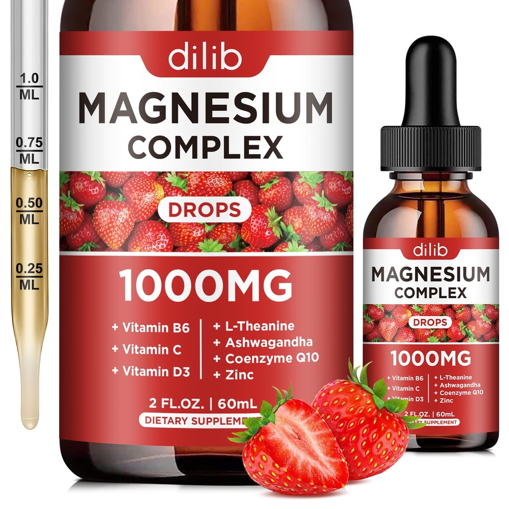三重镁复合物补充剂,甘油镁,Blend,Citrate Liquid Drops 1000mg 与 Ashwagandha, CoQ10,维生素B6, C, D, Zinc - 支持冷静压力缓解, Bone, Muscle, Mood Vegan
