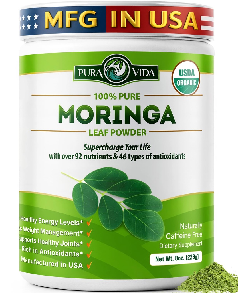 PULA VIDA MORINGA 有机单原产地——百分百叶粉,USDA 有机莫林加 Oleifera,MORINGA 叶粉 - 完美用于平滑和食谱 8 oz.