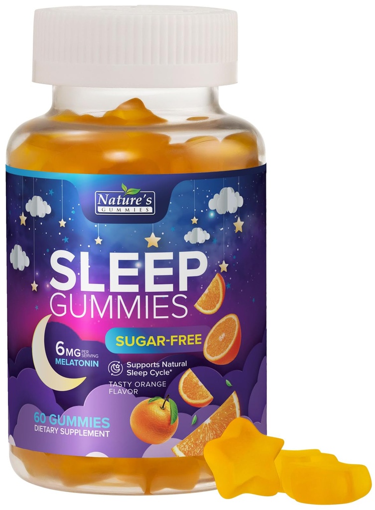 睡眠Gummys 补充 6mg - 成人无糖Melatonin Gummy,成人自然零糖睡眠Gummy,儿童,橙色Flavored,Vegan,超强睡眠维生素支持 - 60 Gummys