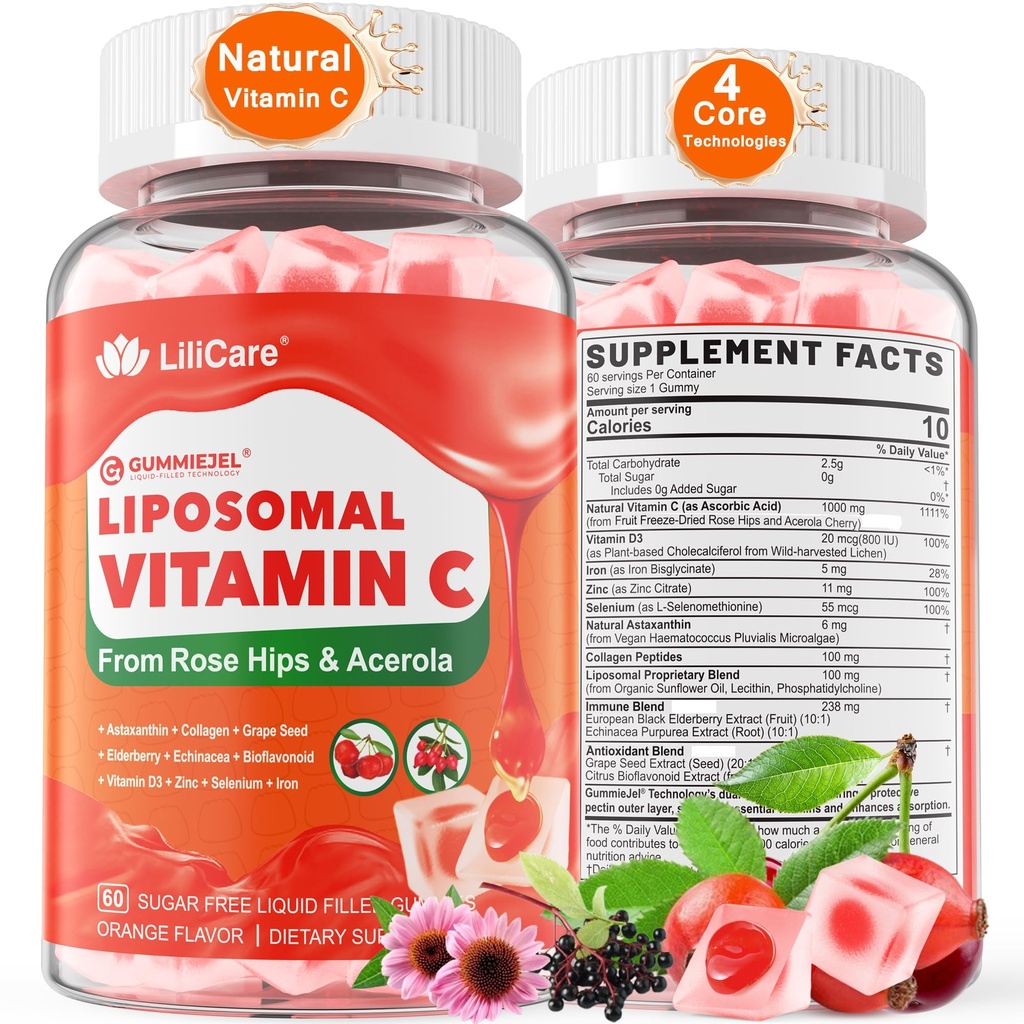 成人和孩子的天然维生素C 1000 mg Gummies 9+,可食用维生素C w/ 11 mg Zinc, D3, 老年莓, Echinacea, 生物氟化物, 免疫支持, 水果全食品VIT C, 无糖
