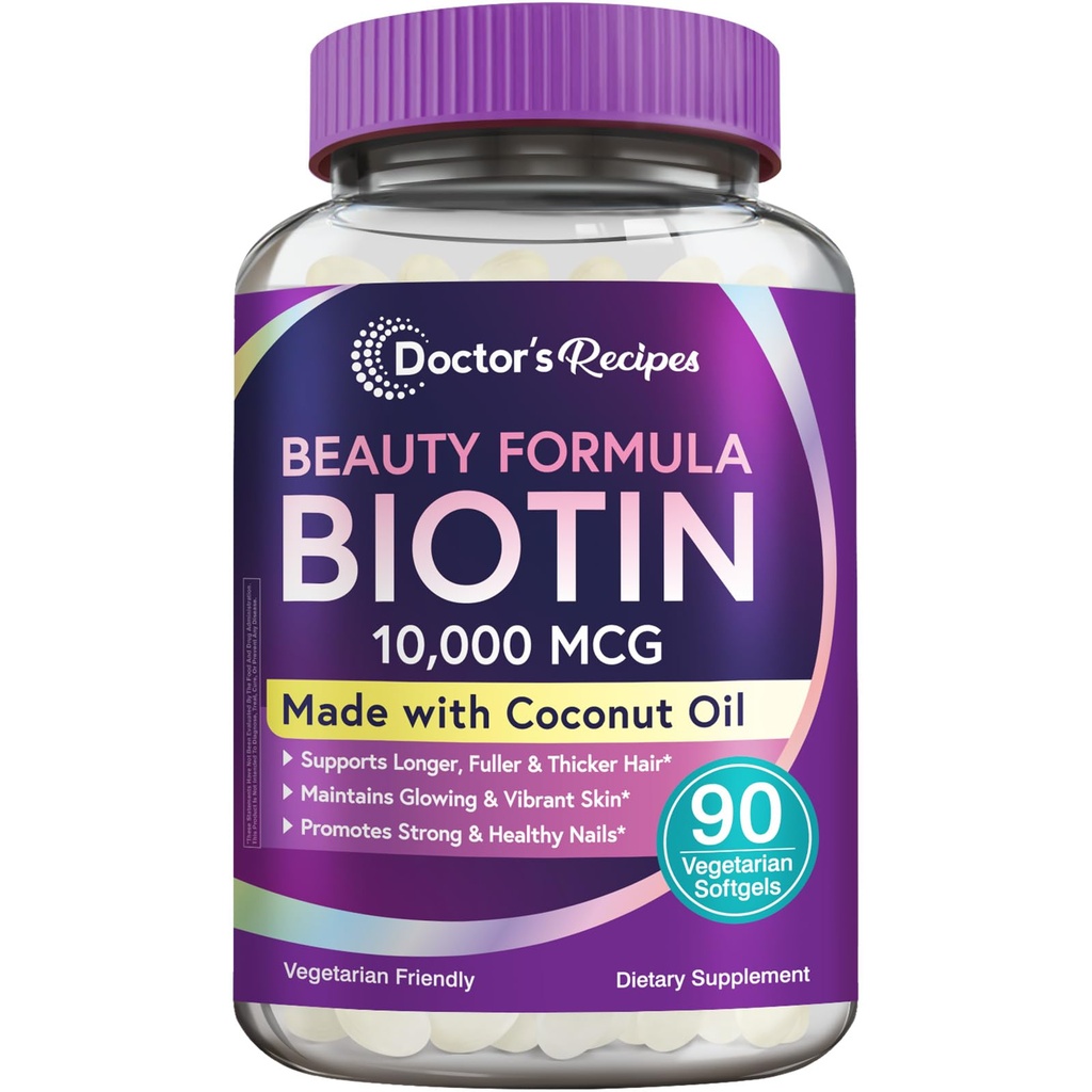 医生的食谱 生物素 10000 mcg, 头发生长, 健康的皮肤和钉子, 能量代谢, 蔬菜- 友好的生物素, 与椰油, 非GMO, 3个月供应, 90 蔬菜软胶
