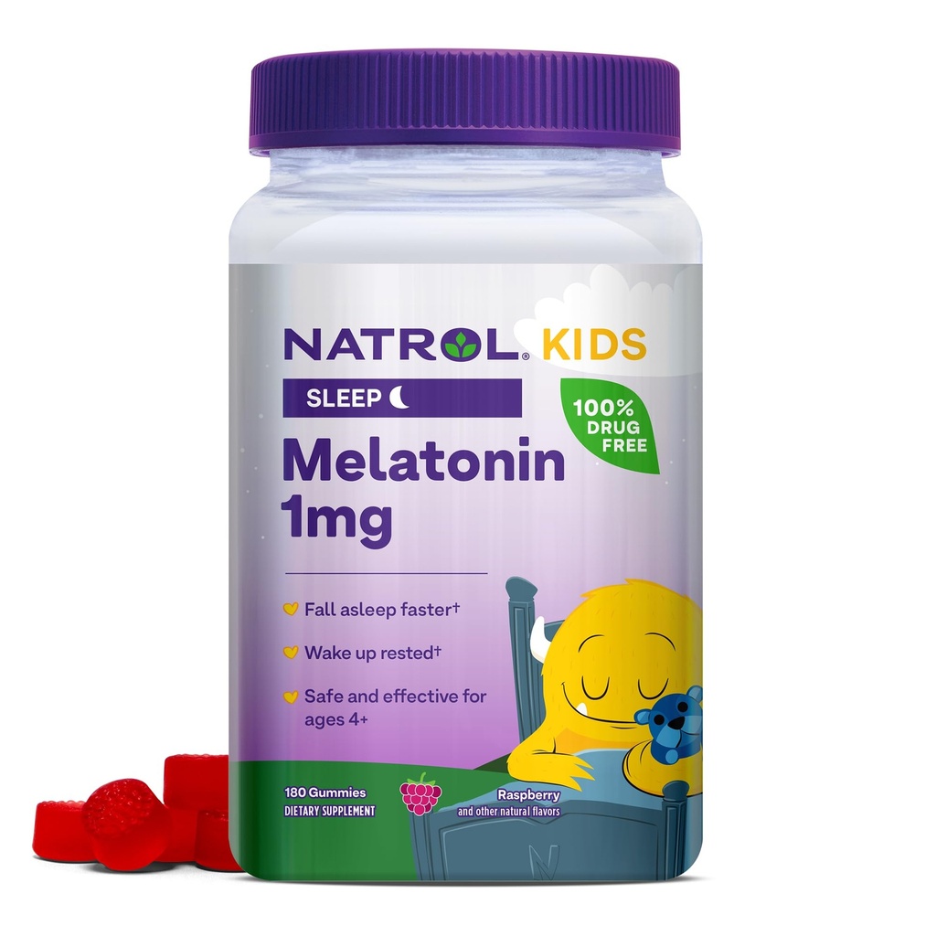 Natrol Kids Melatonin 1 mg, " 休息的饮食补充 " , " Melatonin Gummys for Kids " , " 180 Raspberry-Flavored Gummys " ,最多180天的供应。